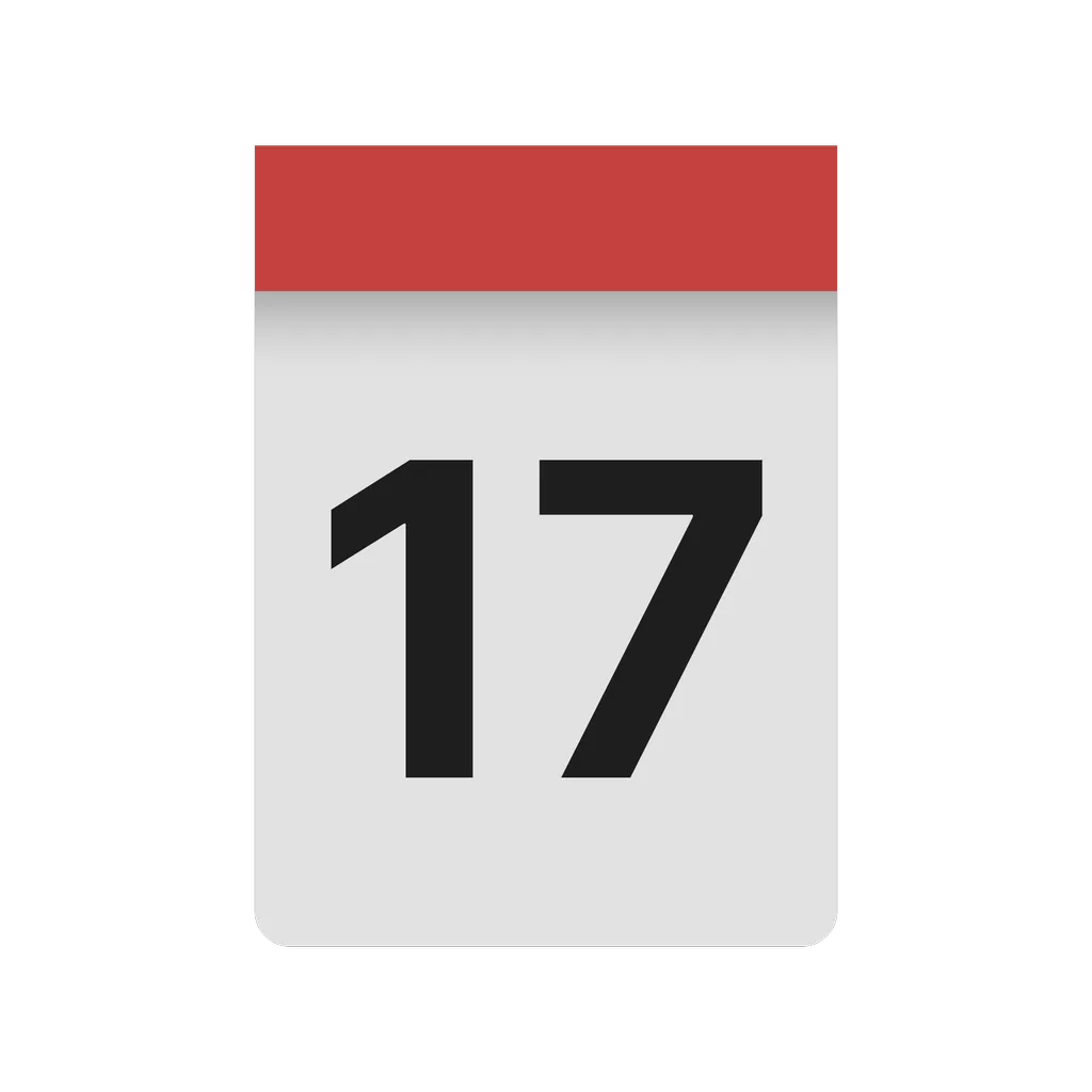 A tear-off calendar icon, with a red top. The date is a 17th something.