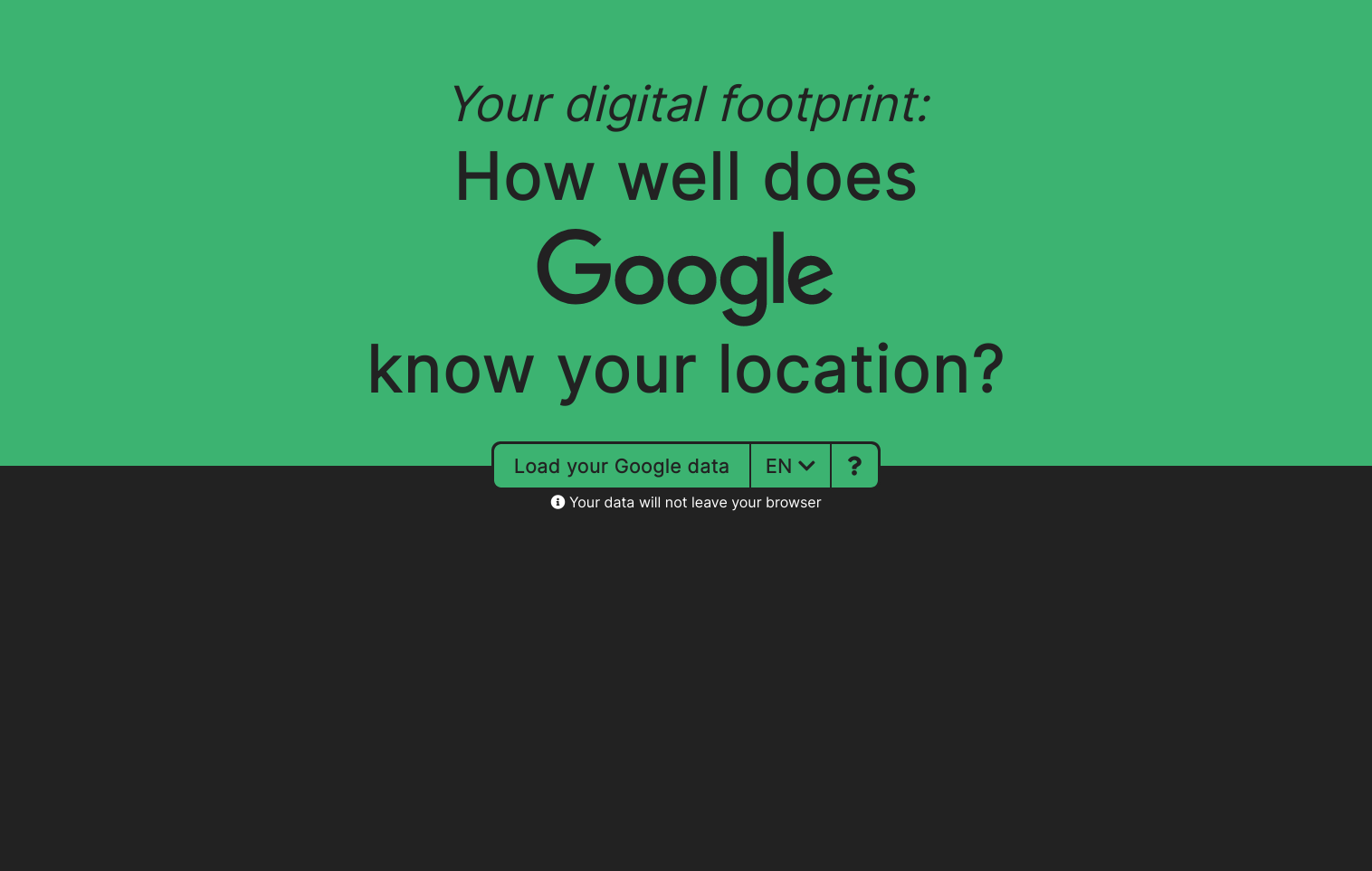A screenshot of footprint.cza.li. The text says: 'Your digital footprint: How well does Google know your location?'. There is a 'Load your Google data' button, a language selector and a question mark button beneath. Below those, there is a 'Your data will not leave your browser' info text. The top half of the page and the buttons, which float in the middle, are black-on-green, the lower half is white-on-dark-grey.