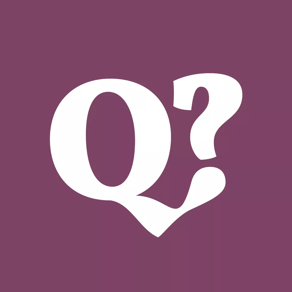 A white Q with a question mark right to it, the Q and the dot of the question mark are merged. The background is purple.