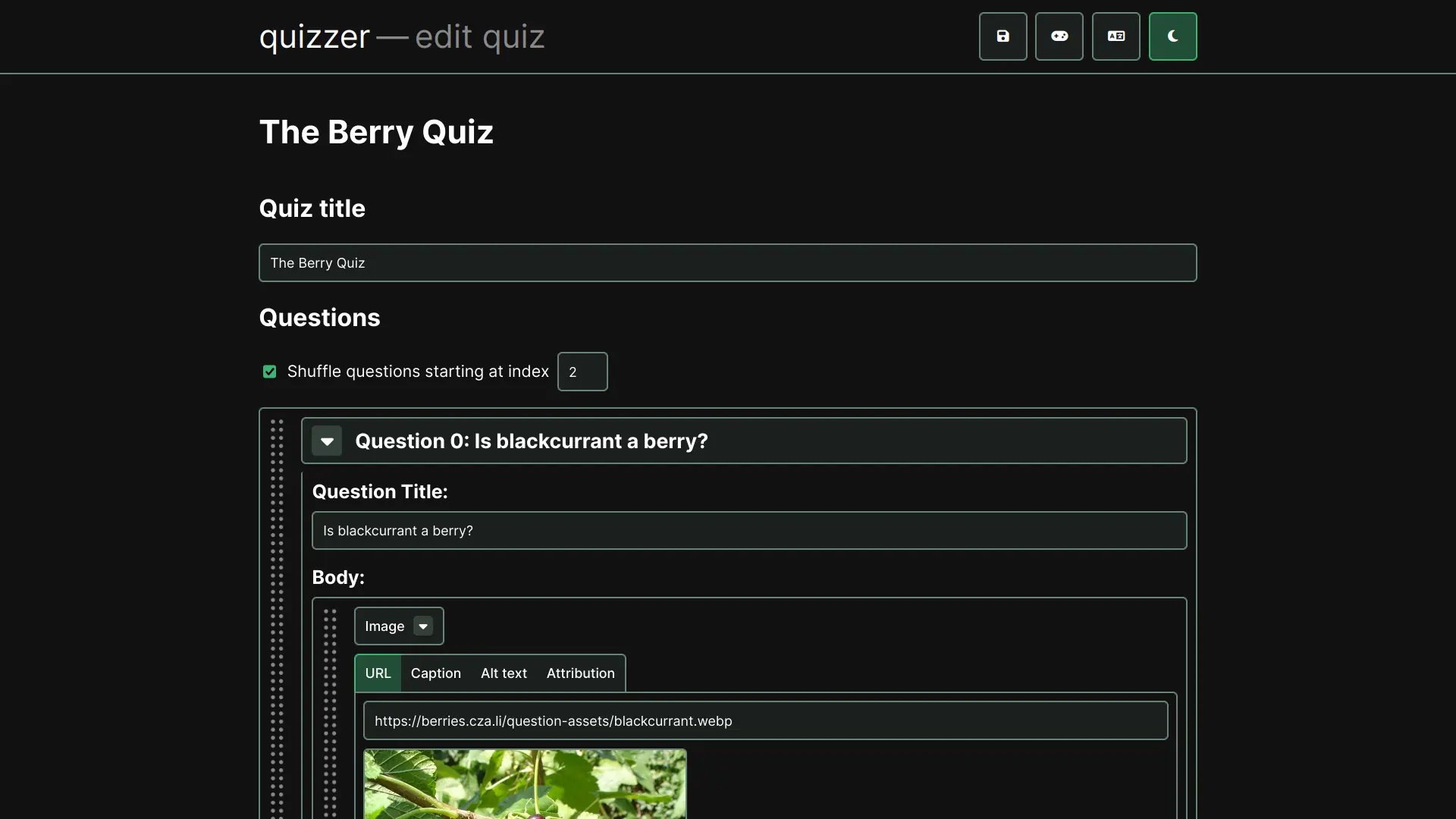 A screenshot of a quiz maker. The screenshot shows edit controls for The Berry Quiz, starting with a question that asks the user whether or not blackcurrant is a berry