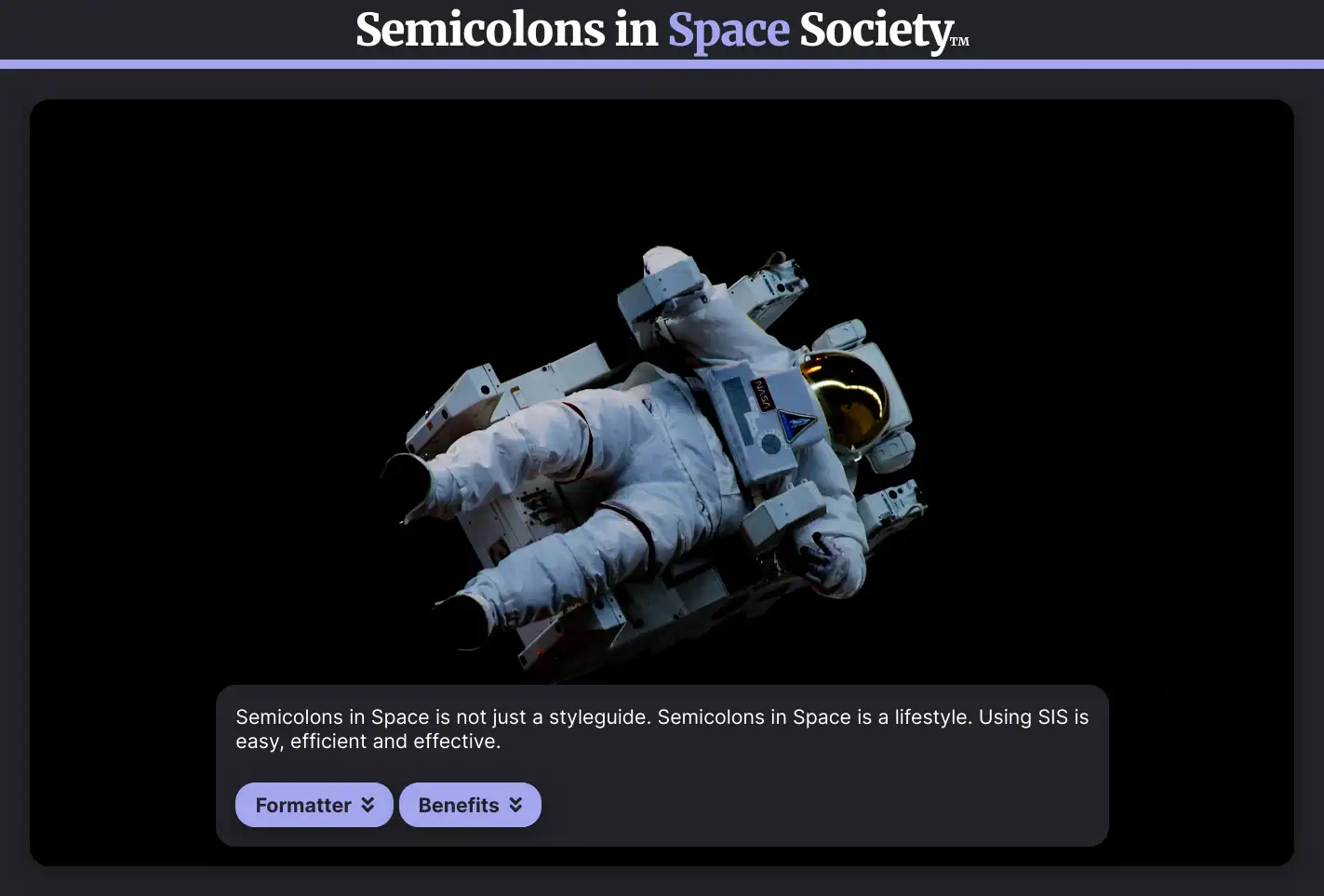 A screenshot of https://siss.dev. It's a picture of an astronaut, the header reads 'Semicolons in Space Society', the caption is too small to read.