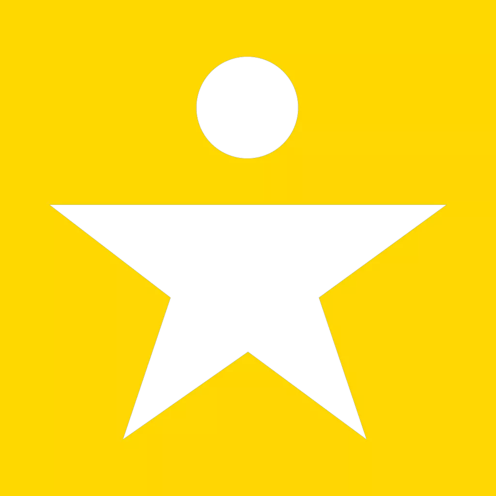A five-pointed star cut out of a yellow background. The top arm is replaced with a disconnected circle, which looks like a head.