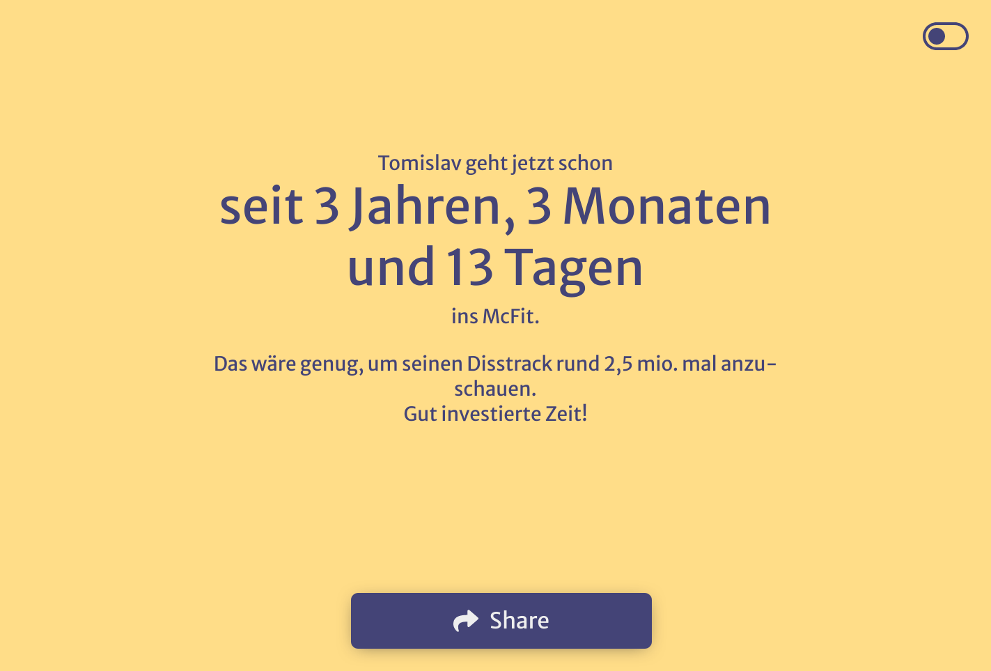 A screenshot of https://tomi.cza.li. This website counts the time since some event in German.